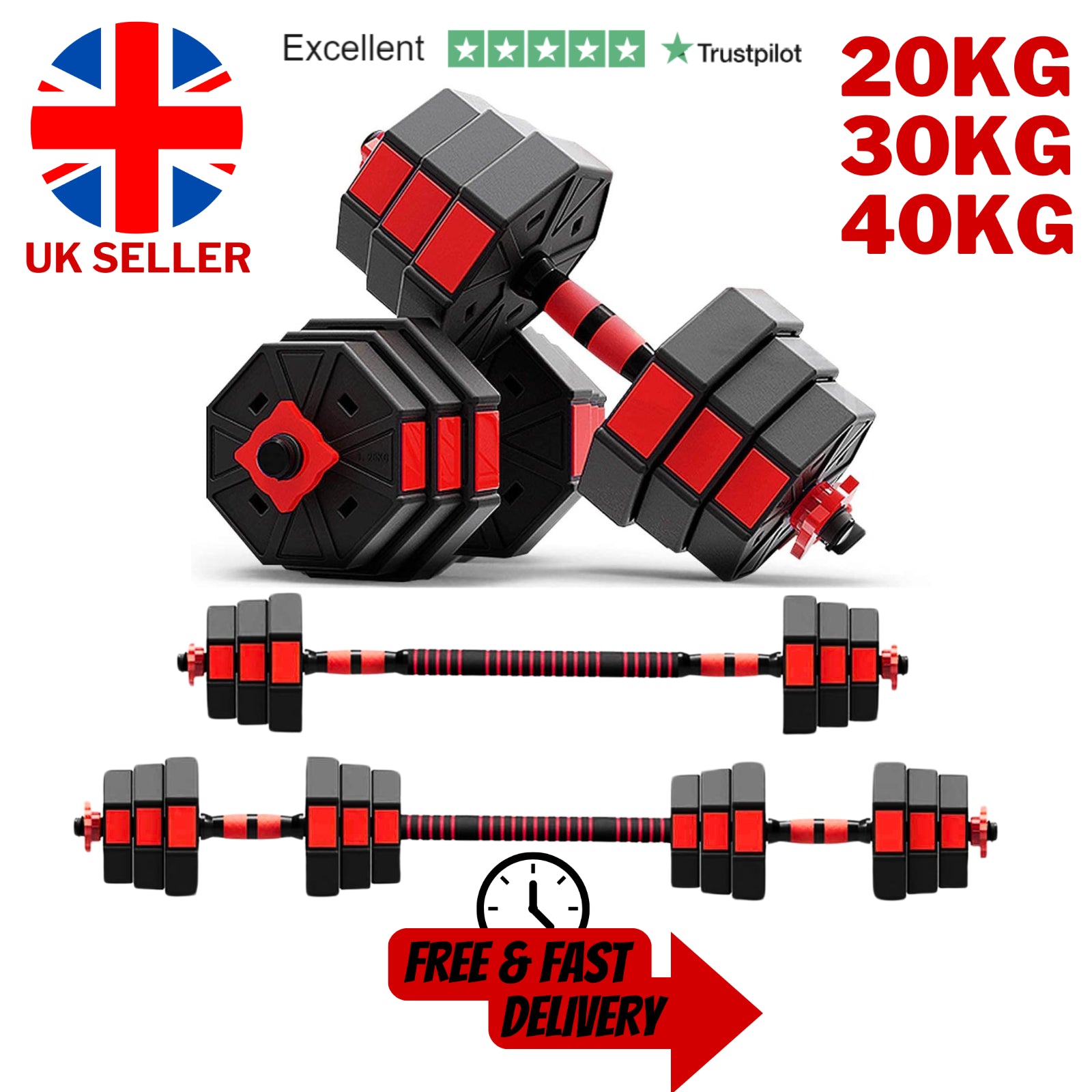 Exersci Premium 20Kg/30Kg/40Kg Adjustable Dumbbell & Barbell Set