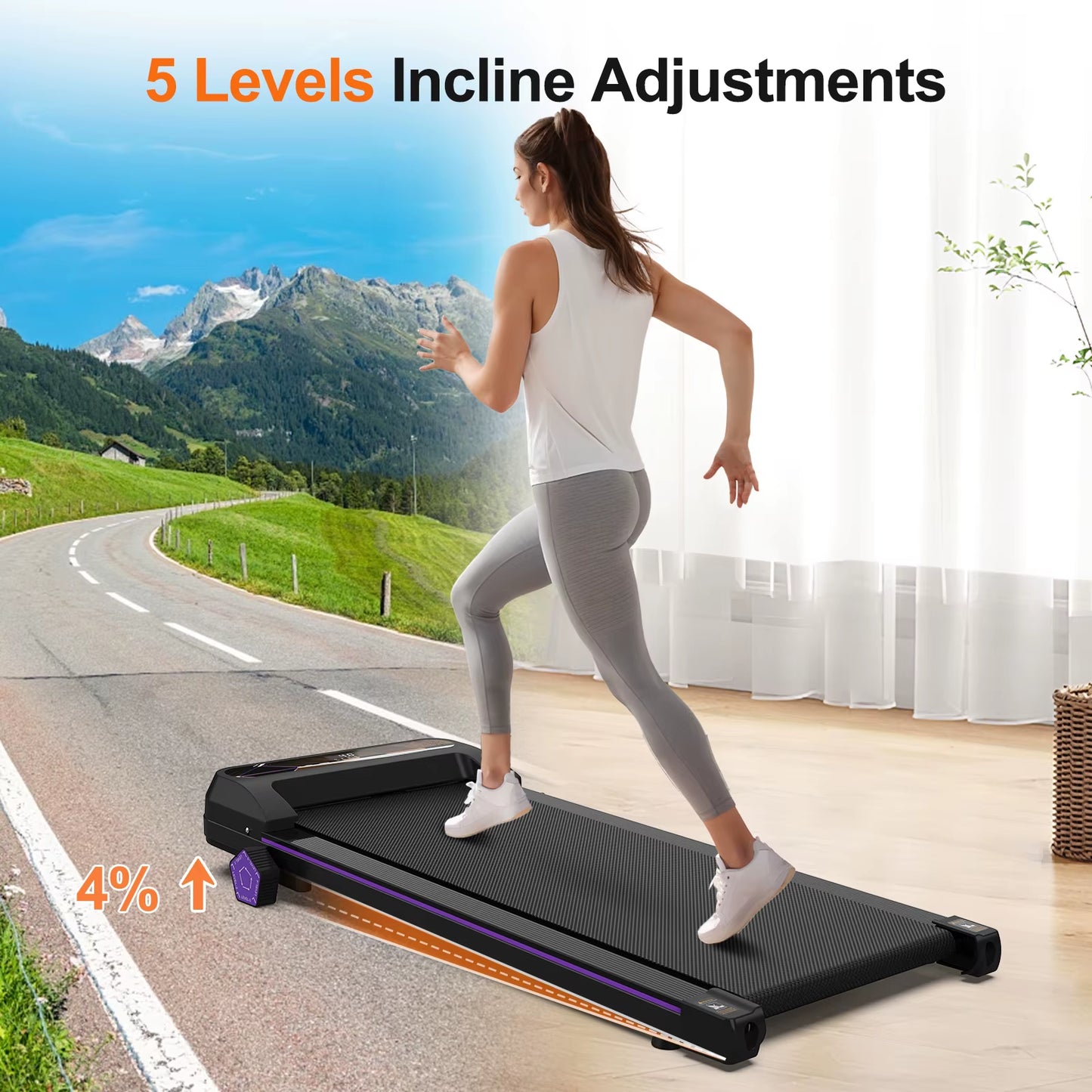 2.5HP Home Treadmill Five Levels Adjustable 265LBS Load Capacity Intelligent Treadmill for Walking and Running