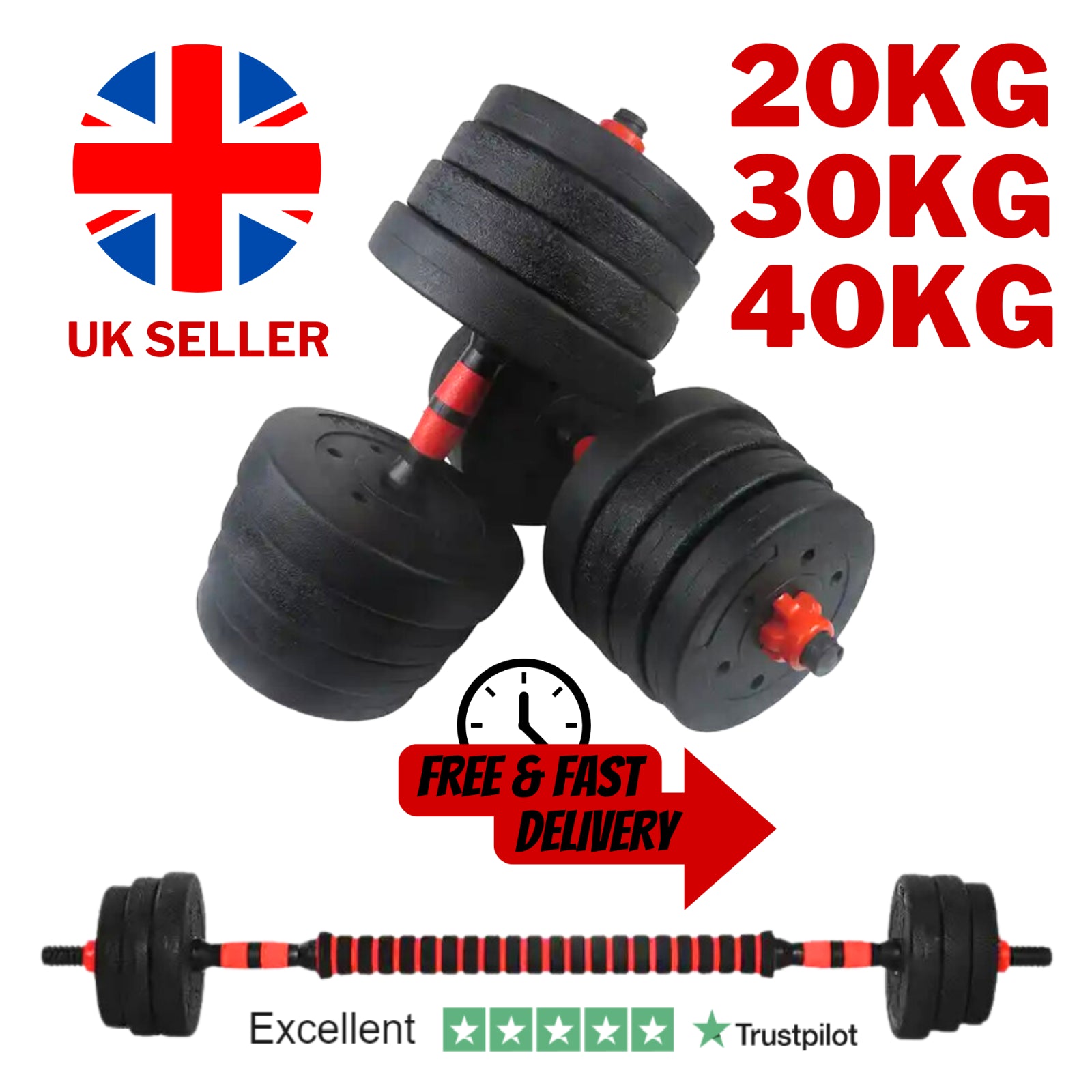 Exersci 20Kg/30Kg/40Kg Adjustable Dumbbell & Barbell Set