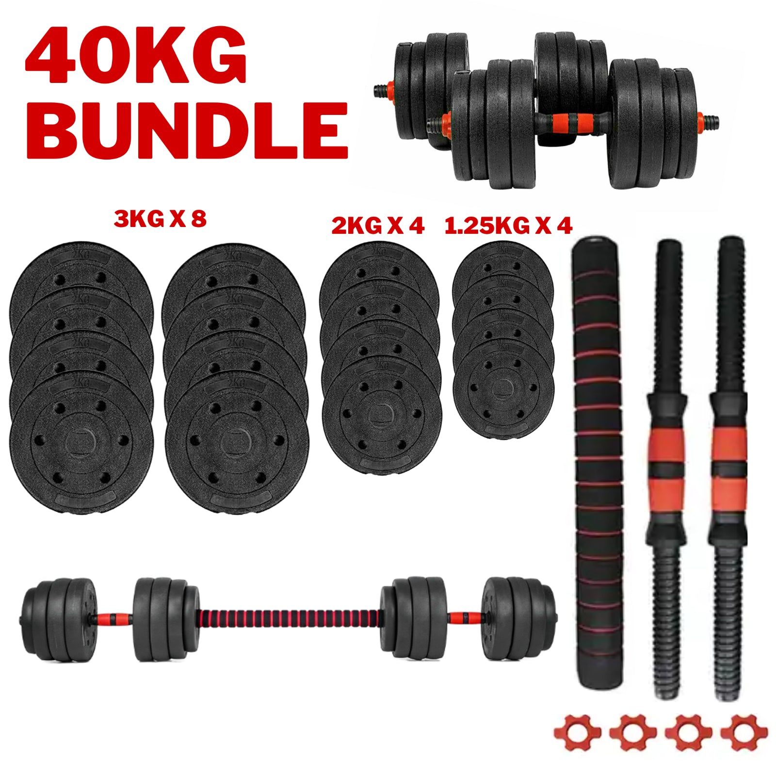 Exersci 20Kg/30Kg/40Kg Adjustable Dumbbell & Barbell Set